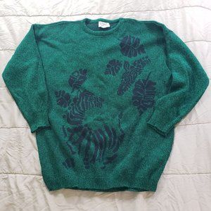 Vintage Aldo Cat Sweater Large Womans Zebra Giraffe Green Made in USA